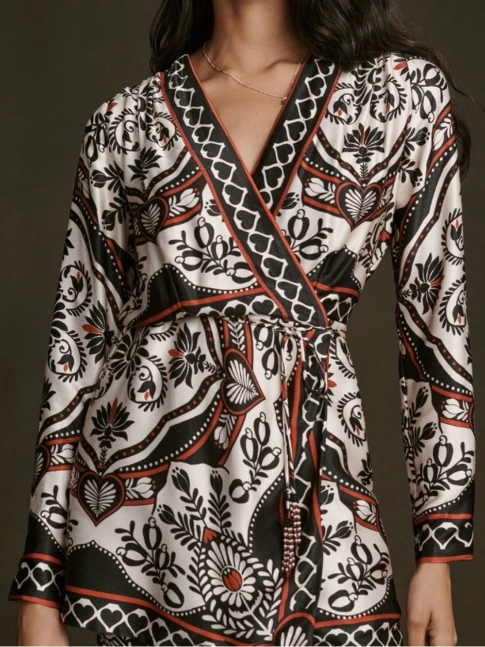 Anthropologie Black, White & Rust Patterned Wrap Mini Dress
